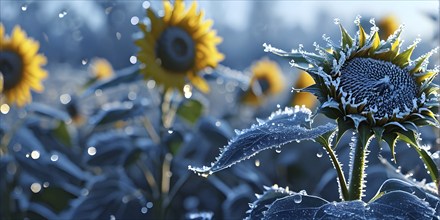 Detailed close-up of frost patterns on sunflowers on a meadow, AI generated