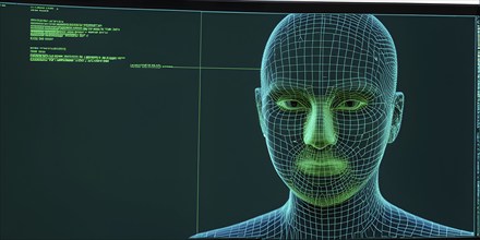 3d digital facial recognition displaying a face with overlaid ai biometric data, AI generated