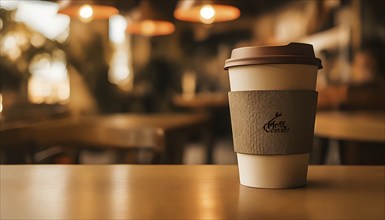 Coffee cup on a wooden table in a warmly lit cafe in blurred background, AI generated