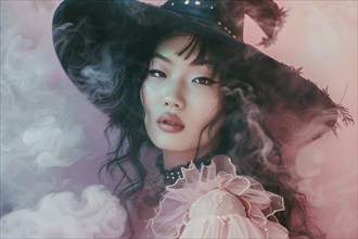 Beautiful Asian woman dressed up with Halloween witch costume hat and pink dress. Generative Ai, AI