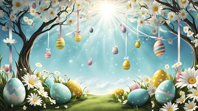 Surreal Easter scene with floating eggs, ribbons, and flowers in a dreamlike, whimsical composition