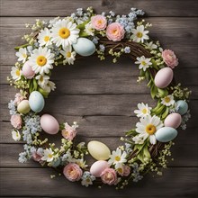 Spring wreath with pastel ribbons, speckled eggs, and blooming flowers, hanging on a wooden