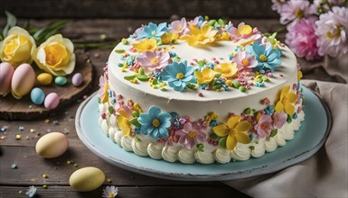 Decorated Easter cake with intricate icing flowers and colorful sprinkles, placed on a rustic