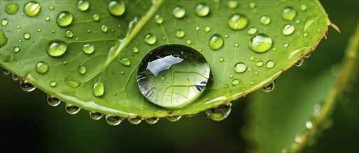 Raindrop on a fresh spring leaf, perfectly reflecting the surrounding garden in the droplet, AI