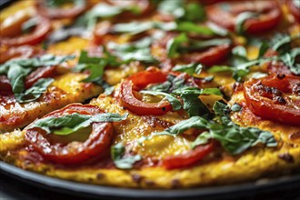 Close up of healthy low carb cauliflower crust pizza with vegetables and cheese. Generative Ai, AI