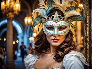 Young woman at venetian masquerade with ornate mask, AI generated