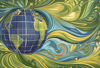 Illustration of a globe composed of triangular solar panels and swirling wind patterns, symbolizing