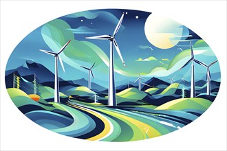 Abstract wallpaper illustration of interconnected wind turbines, represented by flowing lines and