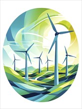 Abstract wallpaper illustration of interconnected wind turbines, represented by flowing lines and