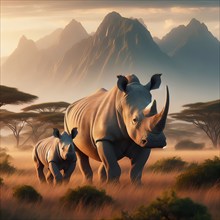 A rhinoceros, a white rhinoceros, with young in an African landscape, AI generated, AI generated