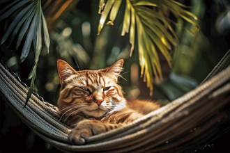 Cat relaxing in hammock under tropical palm trees, AI generated