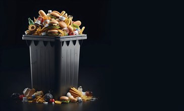 Dustbin full of foodwaste and garbage isolated in black background, AI generated