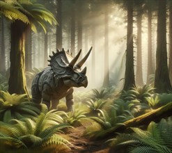 Dinosaur, Triceratops, a Cretaceous dinosaur in a prehistoric forest in present-day North America,