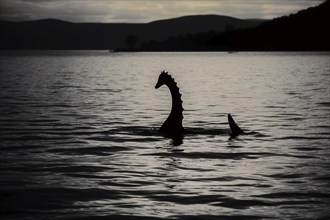 Silhouette of Loch Ness Monster swimming in lake. KI generiert, generiert AI generated