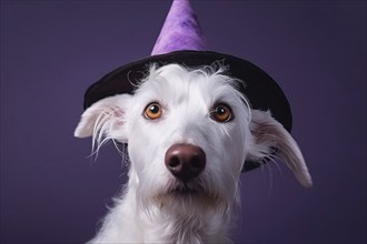 White dog with Halloween costume witch hat on purple background. KI generiert, generiert AI