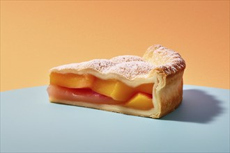 Slice of peach pie on blue and orange background. KI generiert, generiert AI generated