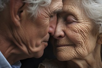 Close up of very old affectionate senior couple in love. KI generiert, generiert AI generated