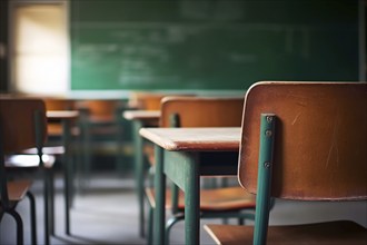 Back view of empty chairs and desks in school classroom. KI generiert, generiert AI generated