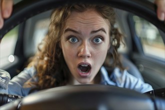 A young woman sits in her car and looks at the speedometer in surprise and shock, symbolic image,