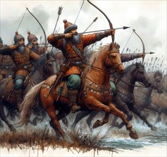 Warriors of an equestrian race attack on horseback with bow and arrow, AI generated, AI generated