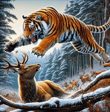 A Siberian tiger jumping on a deer, symbol photo hunting, predator, prey, eating, hunting game, AI