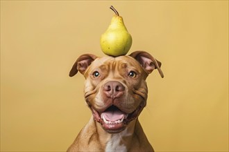 Funny dog with pear fruit on head in front of studio background. KI generiert, generiert, AI