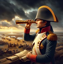 The French Emperor Napoleon Bonaparte stands with a telescope on a battlefield, AI generated, AI