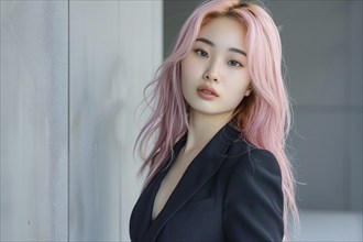 Young Asian woman with black business suit with pastel pink dyed hair. KI generiert, generiert, AI