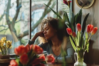 A young woman sits tired and sleepy at a table next to a vase of red flowers in front of a window,