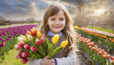 A smiling girl holds a bouquet of colourful tulips in a blooming tulip field in spring, ki