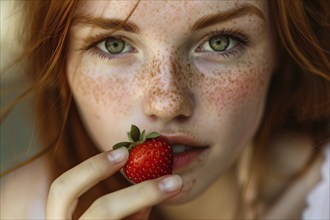 Beautiful young woman with freckles eating strawberry fruit. KI generiert, generiert, AI generated