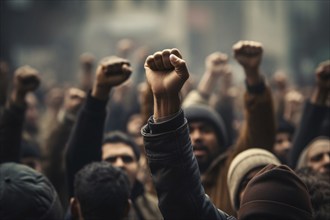 Raised fists in large angry protest riot crowd of people. KI generiert, generiert, AI generated