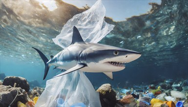 Symbolism, waste problem, plastic waste drifts in the sea and endangers animals, AI-generated,