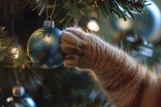 Close up of paw of cat playfully reaching for Christmas tree bauble. Generative AI, AI generated