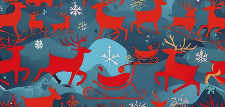 Whimsical abstract scene with stylized reindeer and sleighs to capture the magic of Christmas, AI