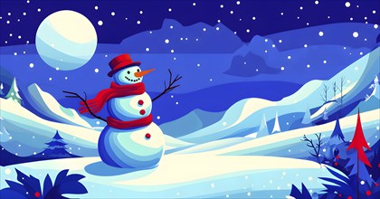 Abstract illustration of a snowman in an idyllic snowy winter landscape, hills and mountains and