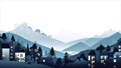 Landscape set in paper art style featuring houses tucked between verdant trees and rolling hills,