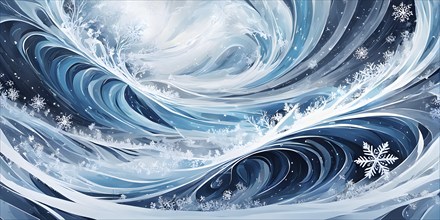 Abstract illustration of dreamy, icy landscape with swirling blues, whites, and silvers, evoking