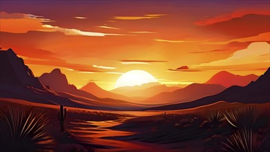 Abstract illustration of a sunset over a desert landscape in vivid and vibrant colors, AI generated