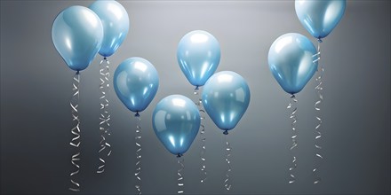 AI generated cluster of blue helium balloons floating against a grey background