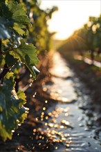 AI generated active vineyard irrigation system bathing under the blazing summer sunlight