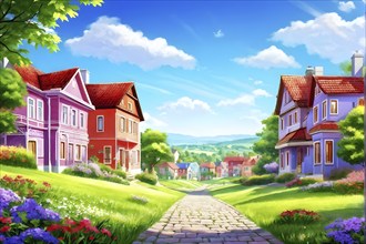 AI generated illustration of colorful countryside houses nestled in a spring or summer scenery with