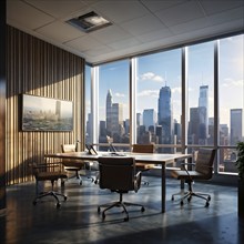 AI generated empty business office interior with skyscrapers in the background