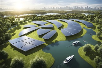 3d rendering of a sustainable engaged waterfront development with floating solar panels, AI