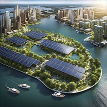 3d rendering of a sustainable engaged waterfront development with floating solar panels, AI