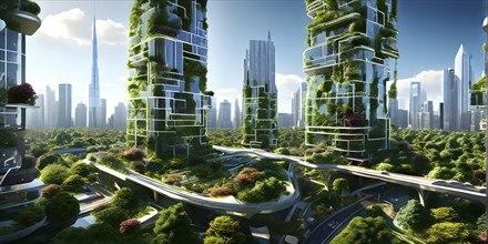 3d rendering of a futuristic green ecological city with skyscrapers draped in vertical gardens, AI