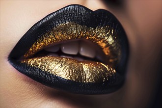 Close up of woman's lips with black and golden lipstick. Generative Ai, AI generated