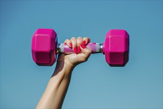 Woman's hand with pink nail polish holding pink dumbbell free weight in front of blue sky.