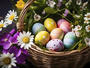 Vibrant-colored Easter eggs in a wicker basket, surrounded by delicate spring flowers, AI generated