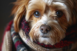 Close up of dog wrapped in warm knitted winter scarf. Generative AI, AI generated